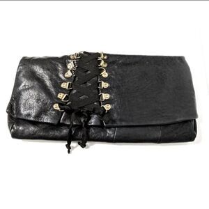 JUNIOR DRAKE Black Leather Corset Clutch Handbag